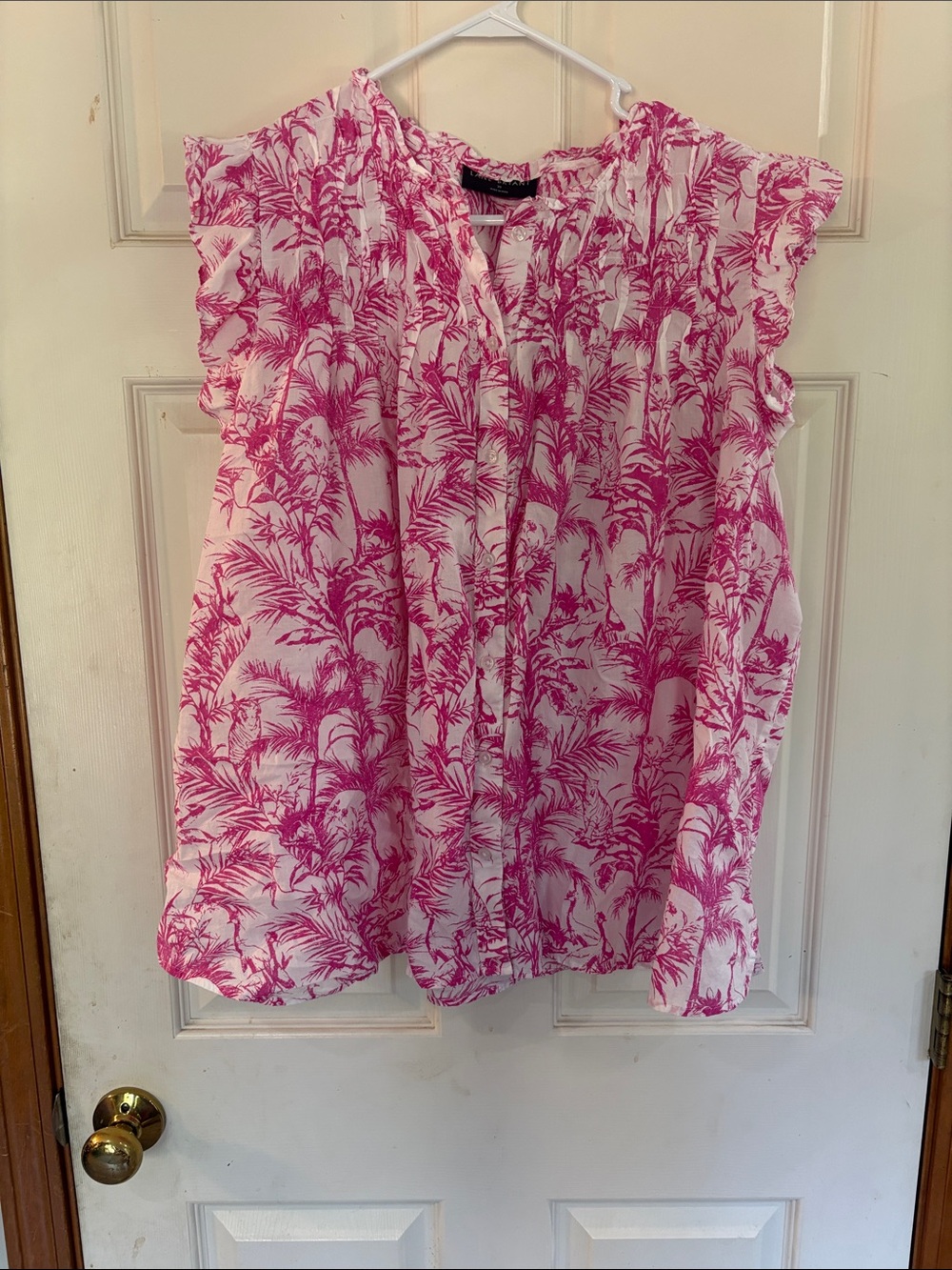 Lane Bryant Pink and White Palm-Print Sleeveless Blouse